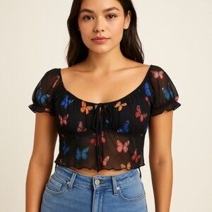 Caution to the Wind Sheer Mesh Butterfly Print Crop Top - Size M